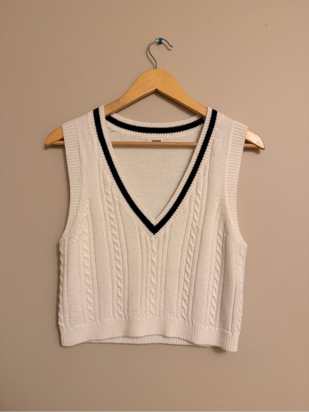 Garage White Cable Knit V-Neck Sweater Vest with Black Trim (XS)